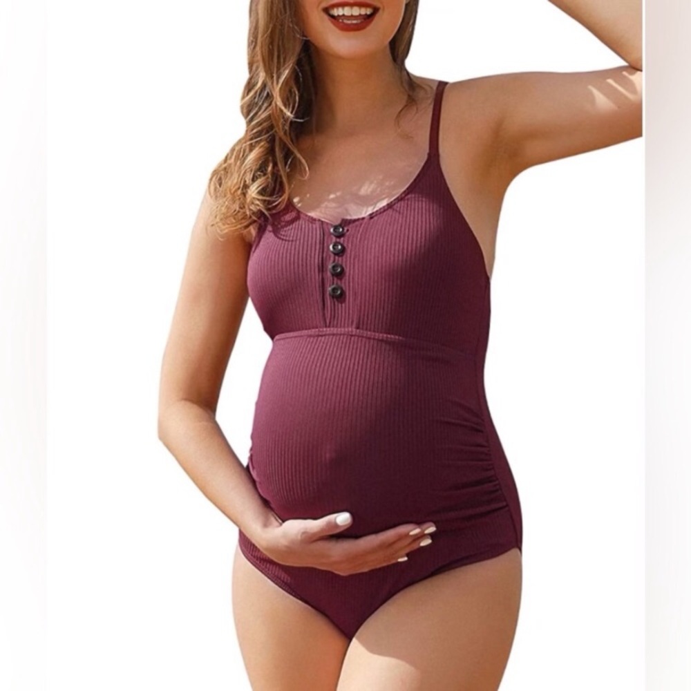 Ribbed Button-Front Maternity One-Piece Swimsuit - Burgundy